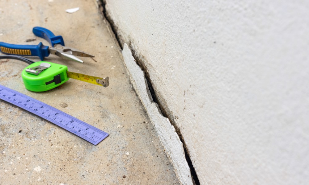 A crack in a home's concrete foundation with a ruler, a tape measurer, and pliers to the side.